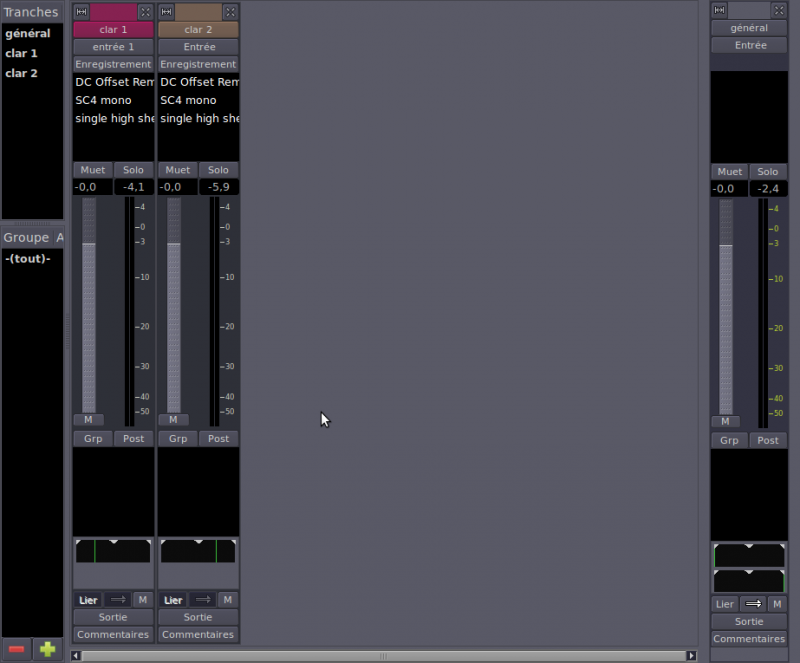 Ardour : deux tranches de mixage configurées pour traiter deux clarinettes